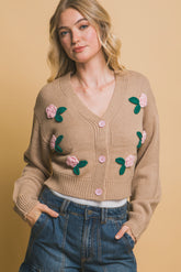Khaki Mid Cropped Flower Detailed Cardigan Simmer & Fay